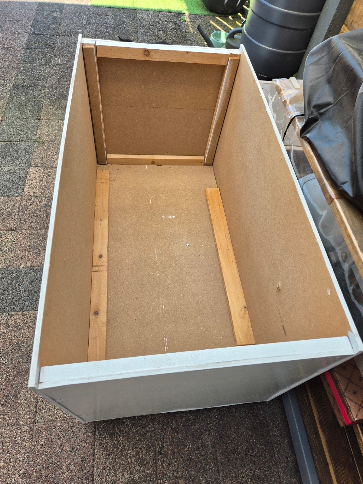 Zelfgemaakte houten bak op wieltjes, Ophalen, Gebruikt, 100 tot 150 cm, 75 tot 100 cm