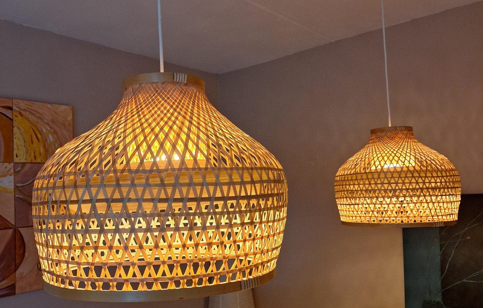 Set van 2 bamboe hanglampen Ikea, Ophalen, Natuurlijk materiaal, E27 (groot)