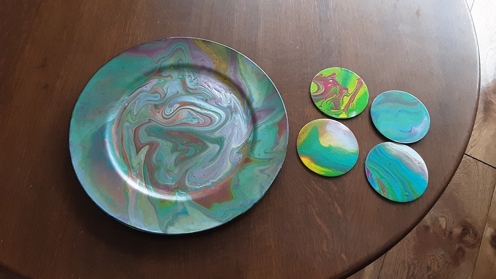 Decoratie schaal met 4 houten onderzetters, Overige materialen, Schaal, Rond, Ophalen of Verzenden