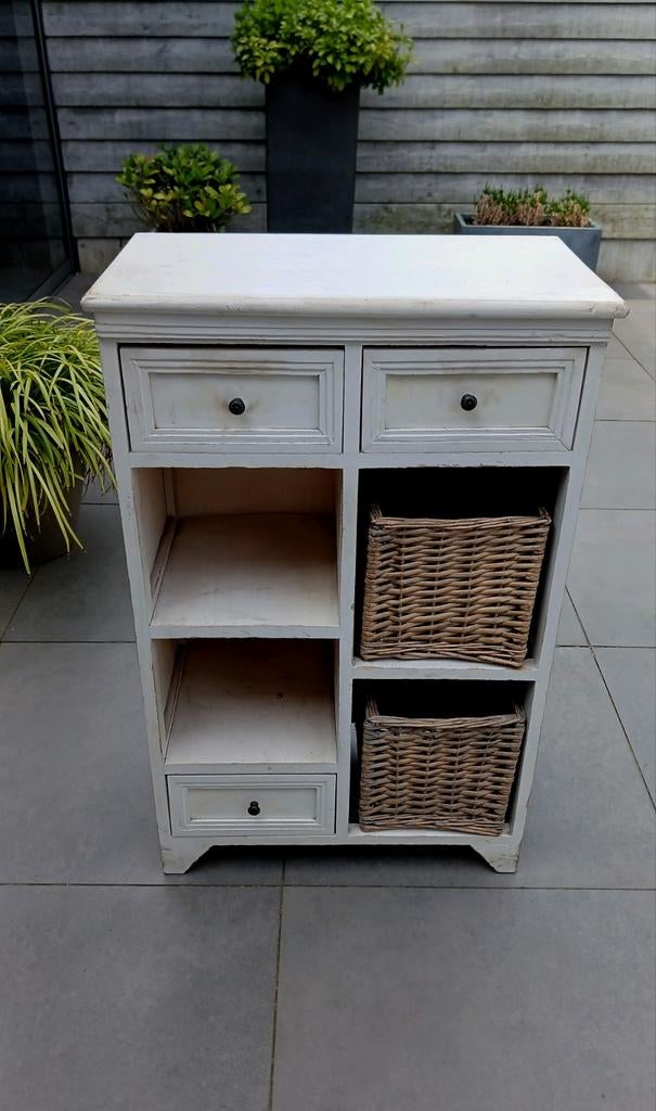 Oud brocante houten kastje met mandjes en laatjes, Ophalen, Gebruikt, 1 of 2 laden, 50 tot 100 cm