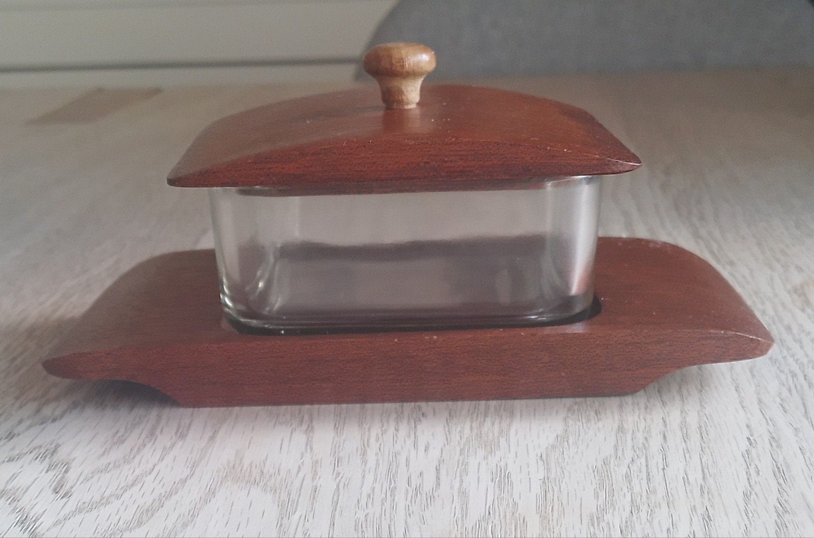 Vintage Holmegaard botervloot met houten deksel, Overige merken, Overige typen, Ophalen of Verzenden, Glas