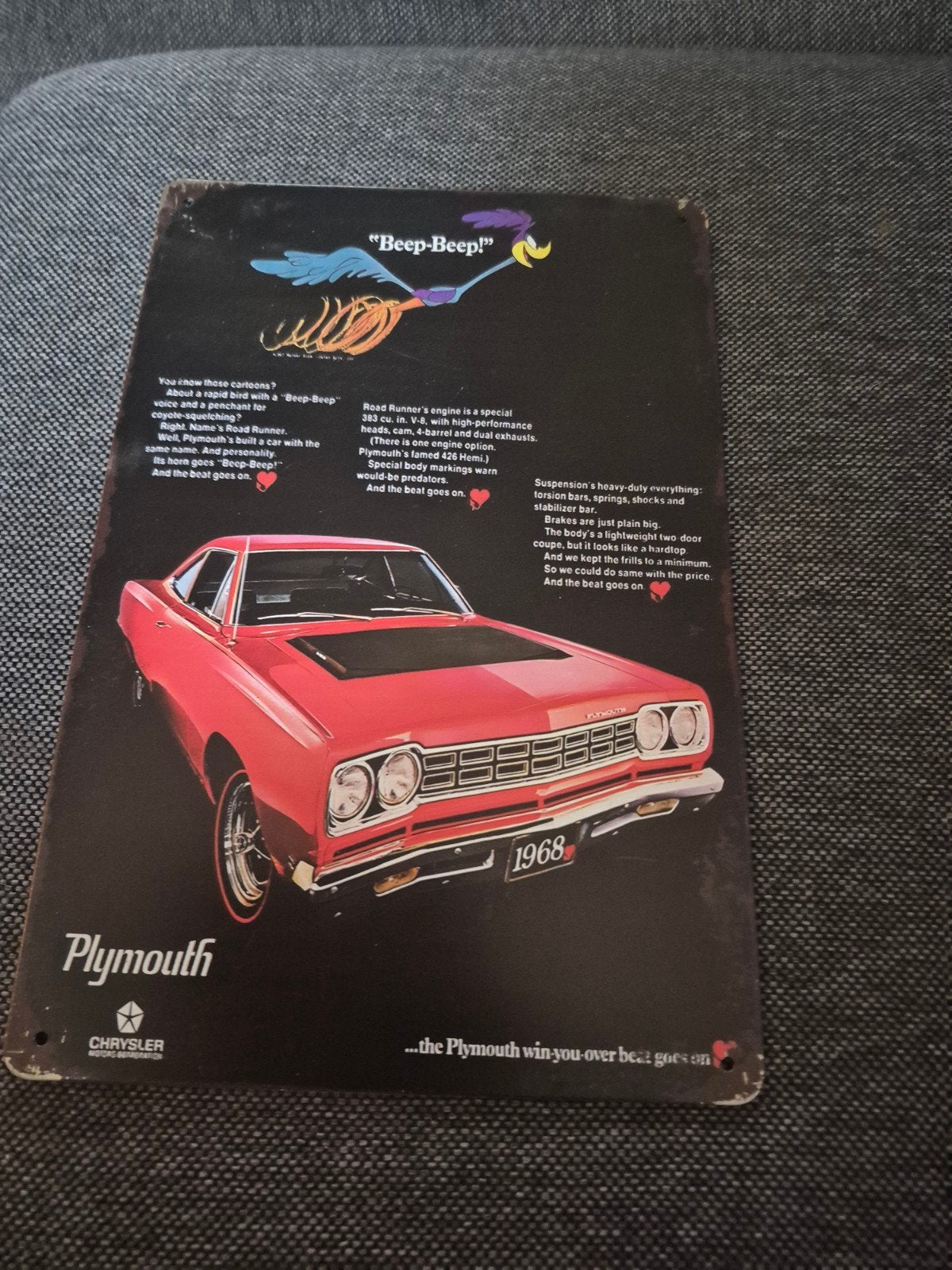 Vintage Plymouth Road Runner 1968 Metalen Advertentieplaat, Ophalen of Verzenden, Zo goed als nieuw