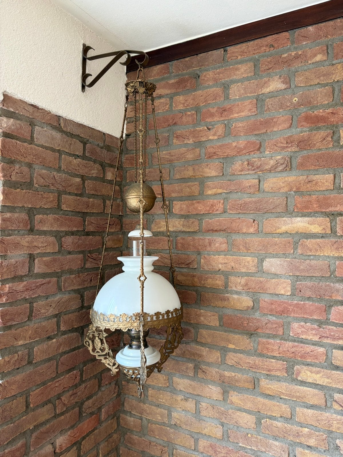 Schippertje Antieke Jugendstil Hanglamp melkglas messing, Antiek en Kunst, Ophalen
