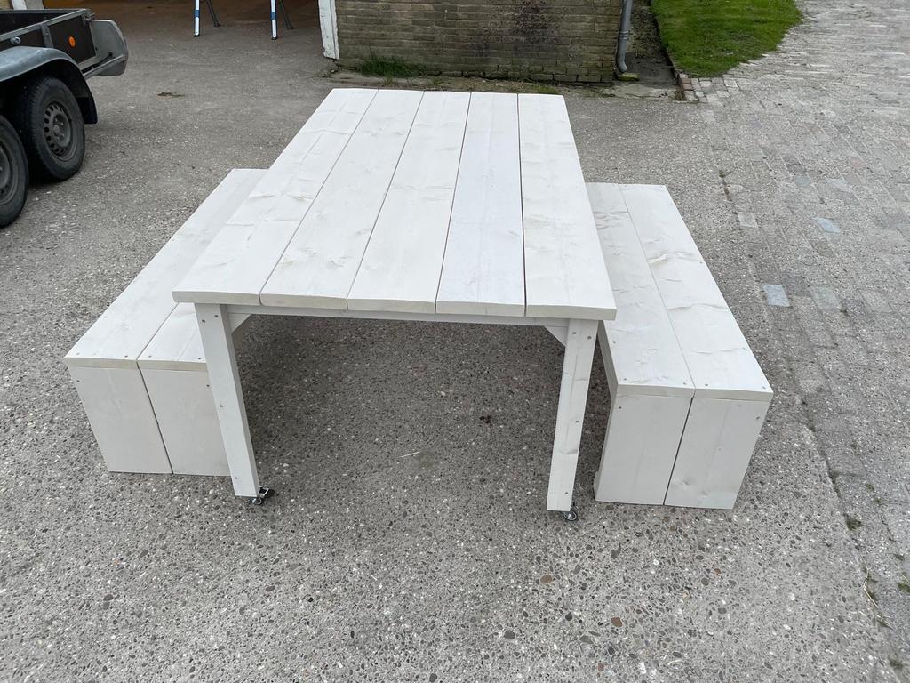 Tuintafel met bankjes, Tuin en Terras, Tuinsets en Loungesets, Ophalen, Zo goed als nieuw, Steigerhout