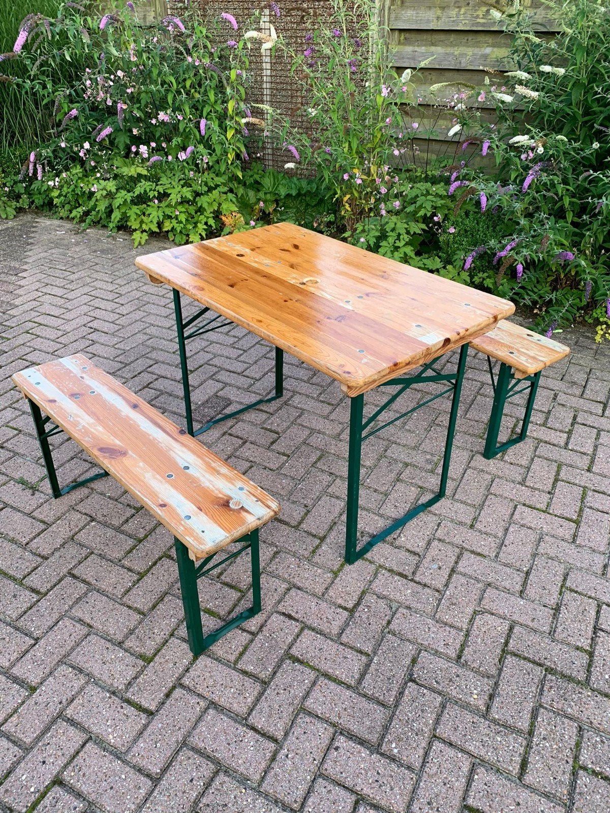Te Koop, Biertafel Biertafelset 4 Pers. Klaptafel, Tuin en Terras, Tuinsets en Loungesets, Ophalen, Zo goed als nieuw, Hout, 4 zitplaatsen
