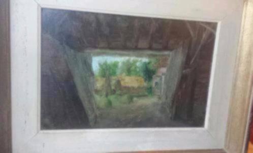 Olieverf schilderij op hout doorkijk door stal gesigneerd., Antiek en Kunst, Kunst | Schilderijen | Klassiek, Ophalen