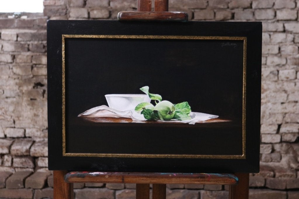 Stilleven appeltjes en witte kom – Marjolein van den Berg, Ophalen, Acrylverf, Gesigneerd, Stilleven