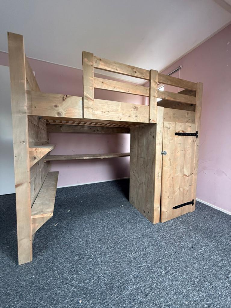 Stevig houten hoogslaper met kast en planken, gedemonteerd, Ophalen, Gebruikt, Eenpersoons, 160 tot 180 cm