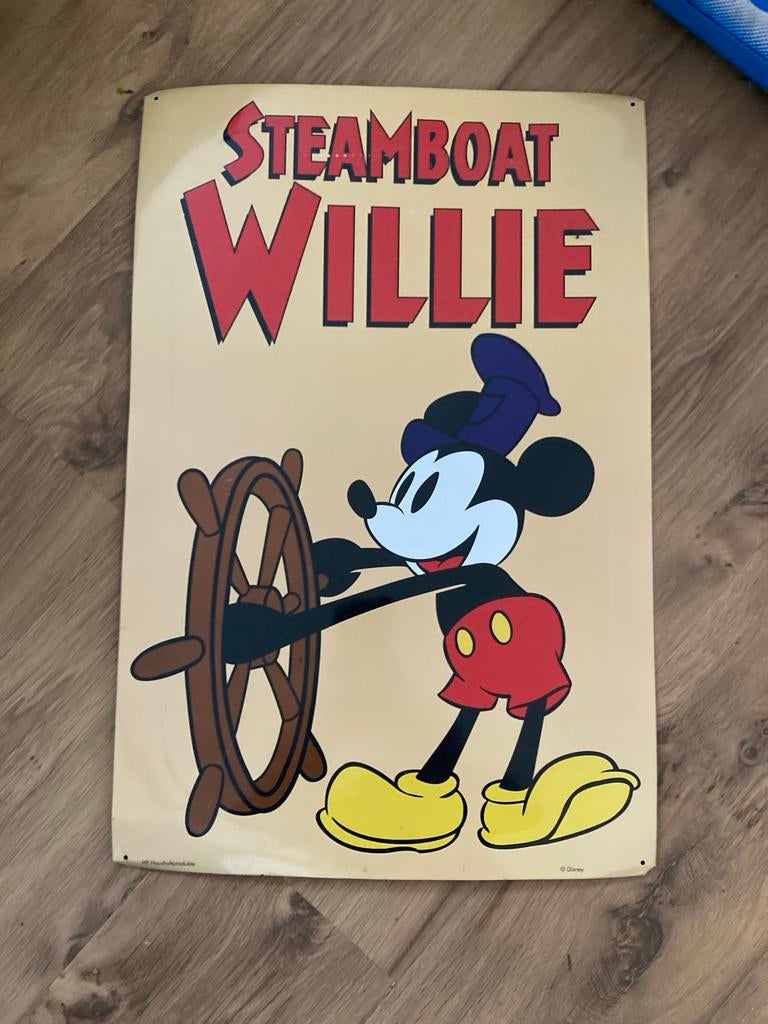 Vintage Disney Steamboat Willie Mickey Mouse Poster, Ophalen, Mickey Mouse, Gebruikt, Plaatje of Poster