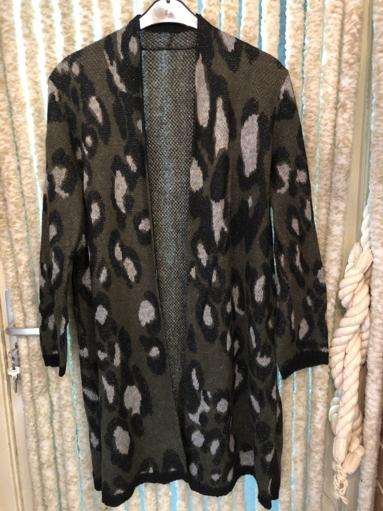 V) aa7 groen wollen vest maat xl/xxl panterprint luipaard, Verzenden, Zo goed als nieuw, Maat 46/48 (XL) of groter, Groen