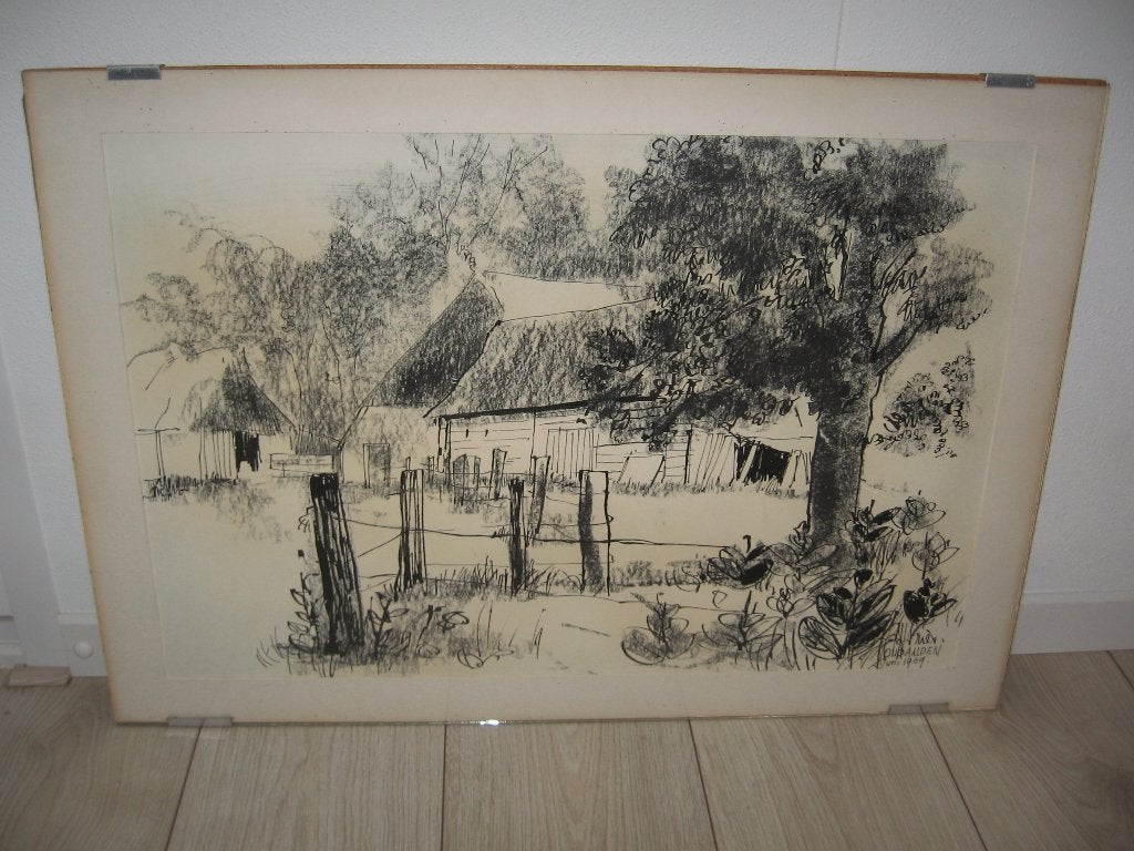 1969 Oud Aalden Drenthe zwart wit tekening ingelijst €15,-, Ophalen of Verzenden, Zo goed als nieuw