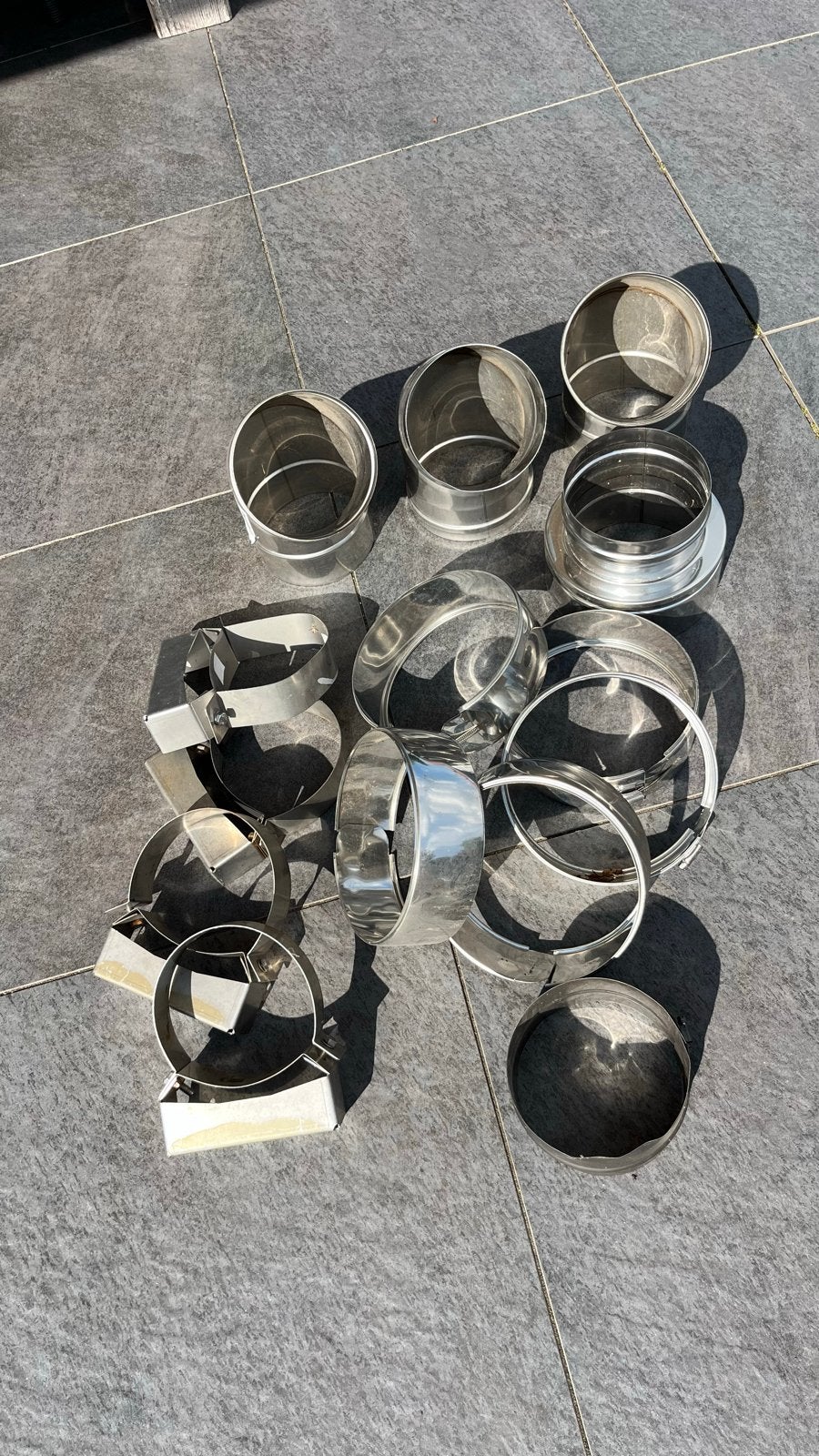 Nieuw 150 mm RVS rookkanaal klemmen en overgangsstuk, Ophalen, Gebruikt