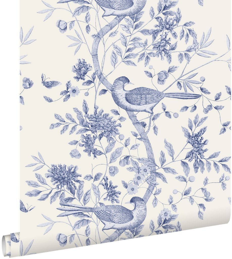 Esta behang Delfts blauw vogels/bloemen, Ophalen of Verzenden, 75 m² of meer, Blauw