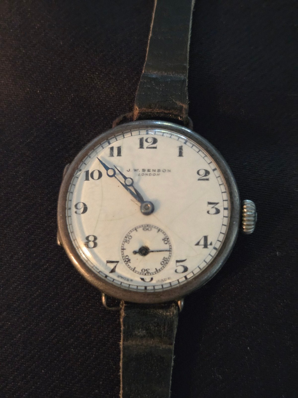 Antiek Eerste Wereldoorlog horloge J.W. Benson, Sieraden, Tassen en Uiterlijk, Met bandje, 1900 tot 1930, Polshorloge, Zilver