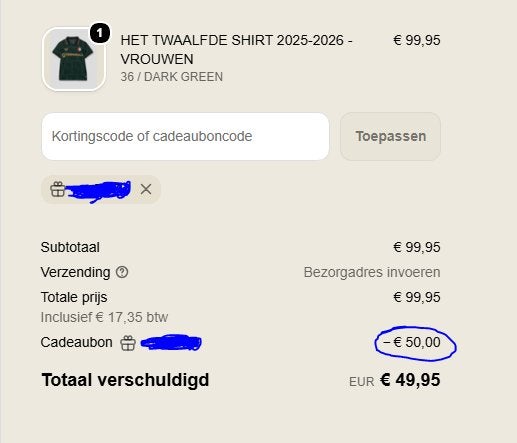 Cadeau card feyenoord 50€, Ophalen, Overige kleuren, Nieuw, Overige maten