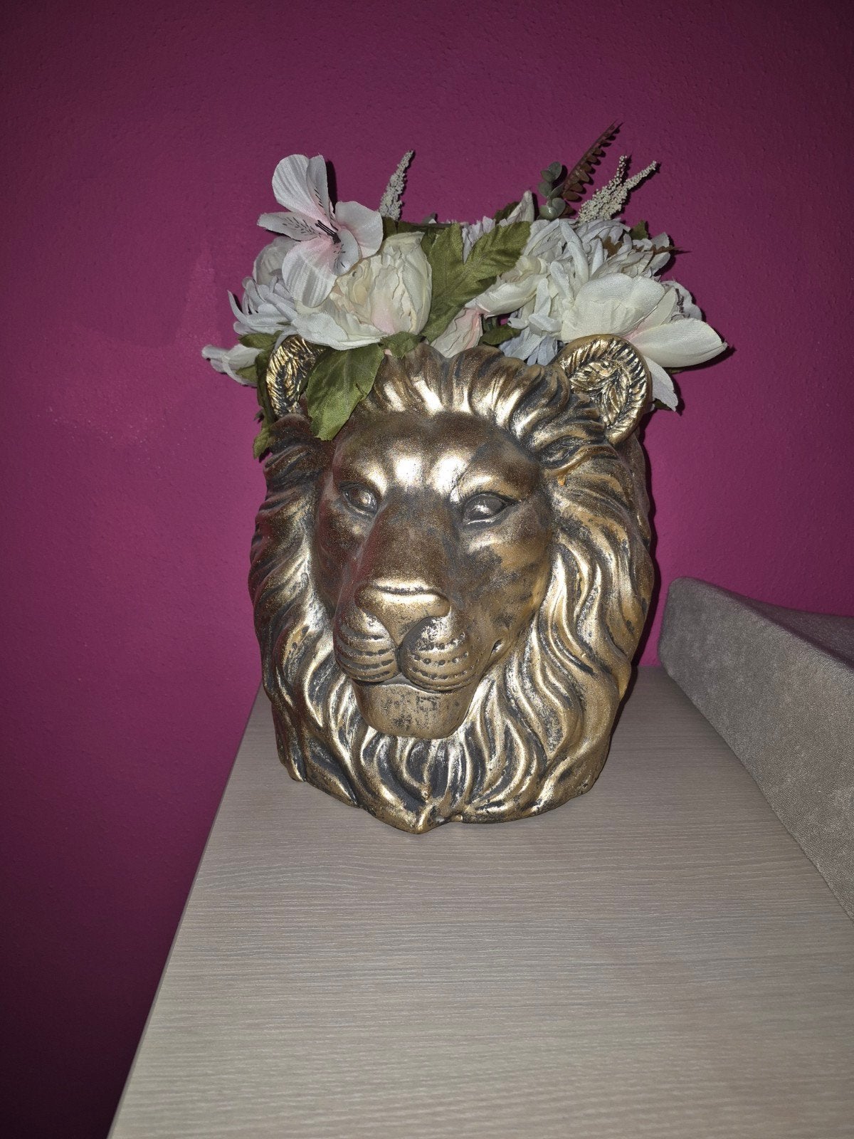Gouden Leeuwen Bloempot - Unieke Decoratie, Overige materialen, Gebruikt, Binnen, Ophalen of Verzenden