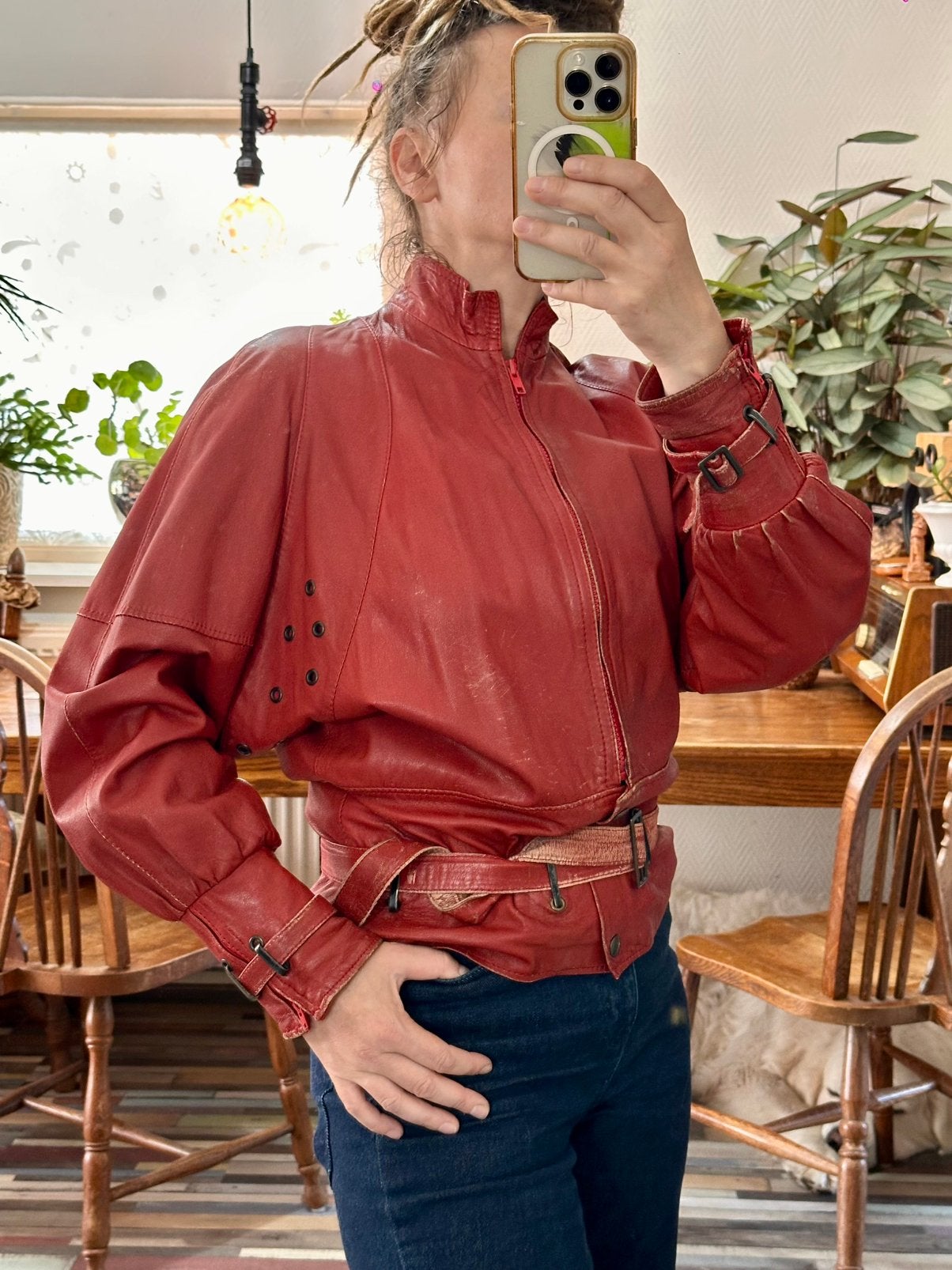 Vintage Red Leather Jacket Punk Goth Festival Biker S, Ophalen of Verzenden, Gedragen, Maat 36 (S), Rood