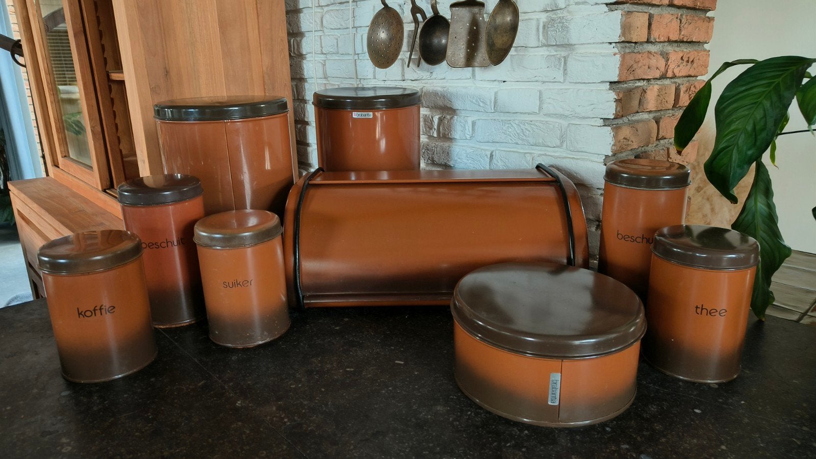 Vintage Brabantia voorraadbussen en broodtrommel set, Antiek en Kunst, Ophalen of Verzenden