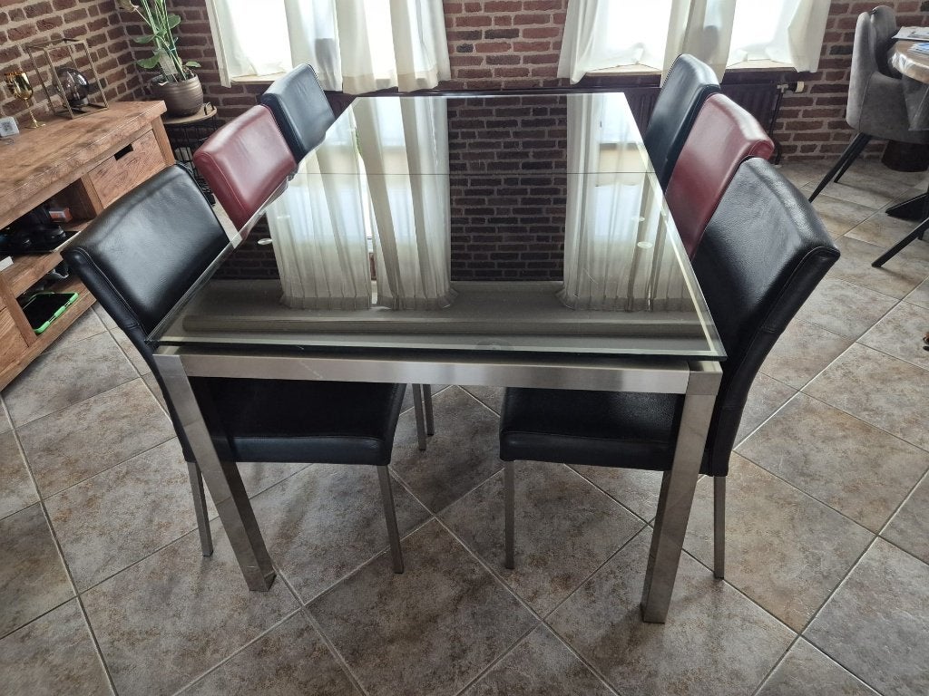 Stevige eetkamertafel met glazen blad, uitschuifbaar, Ophalen, Gebruikt, 50 tot 100 cm, Glas