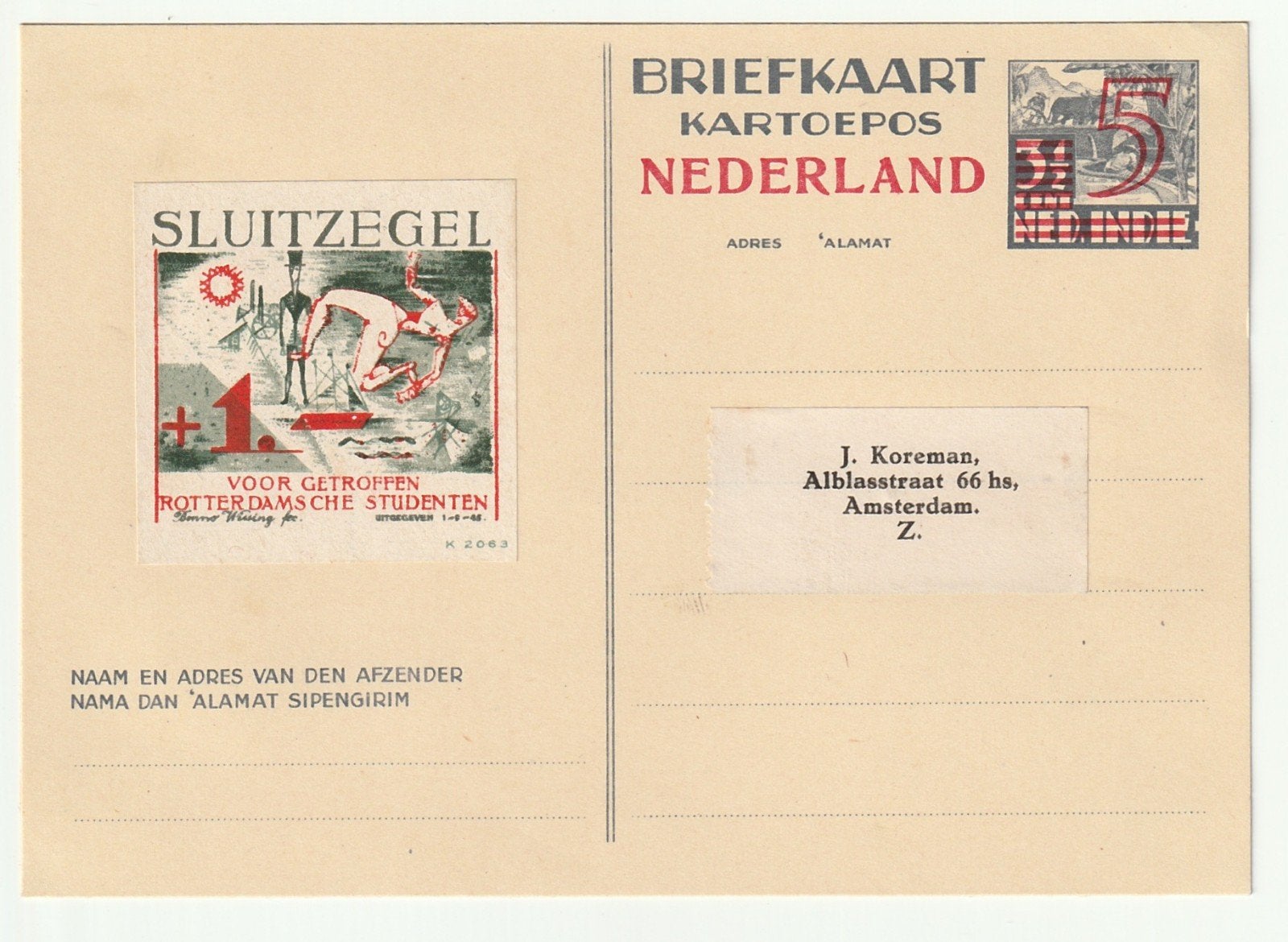 Kartoepos Briefkaart 1945 + Sluitzegel Benno Wissing, Ophalen of Verzenden, Briefkaart