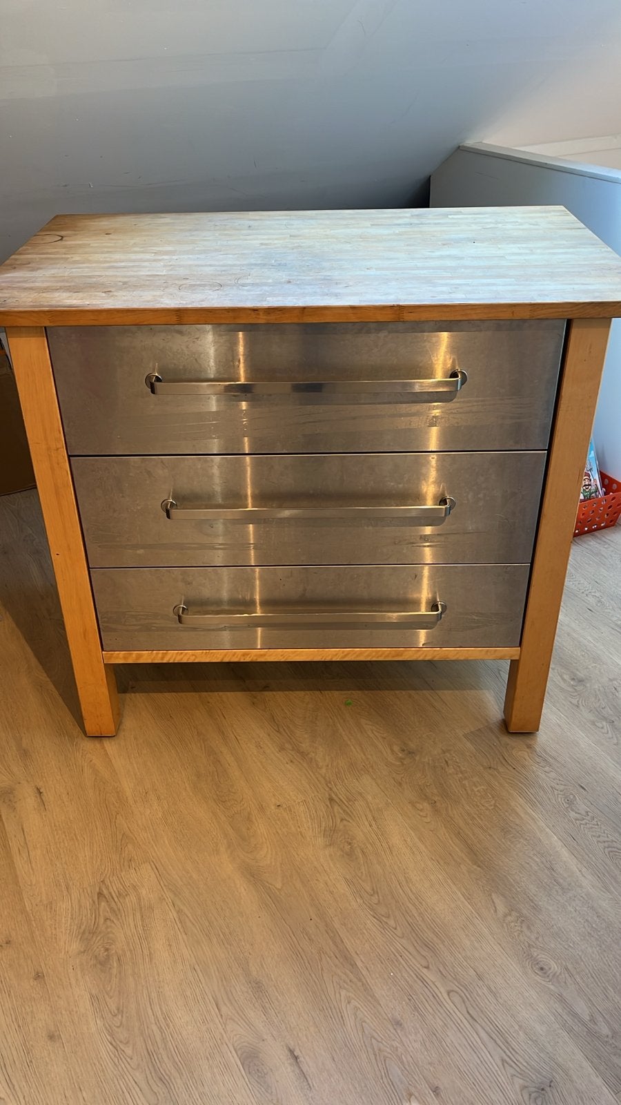 IKEA Keukenblok met 3 RVS Laden en Houten Blad, Gebruikt, IKEA, Zilver, Ophalen of Verzenden
