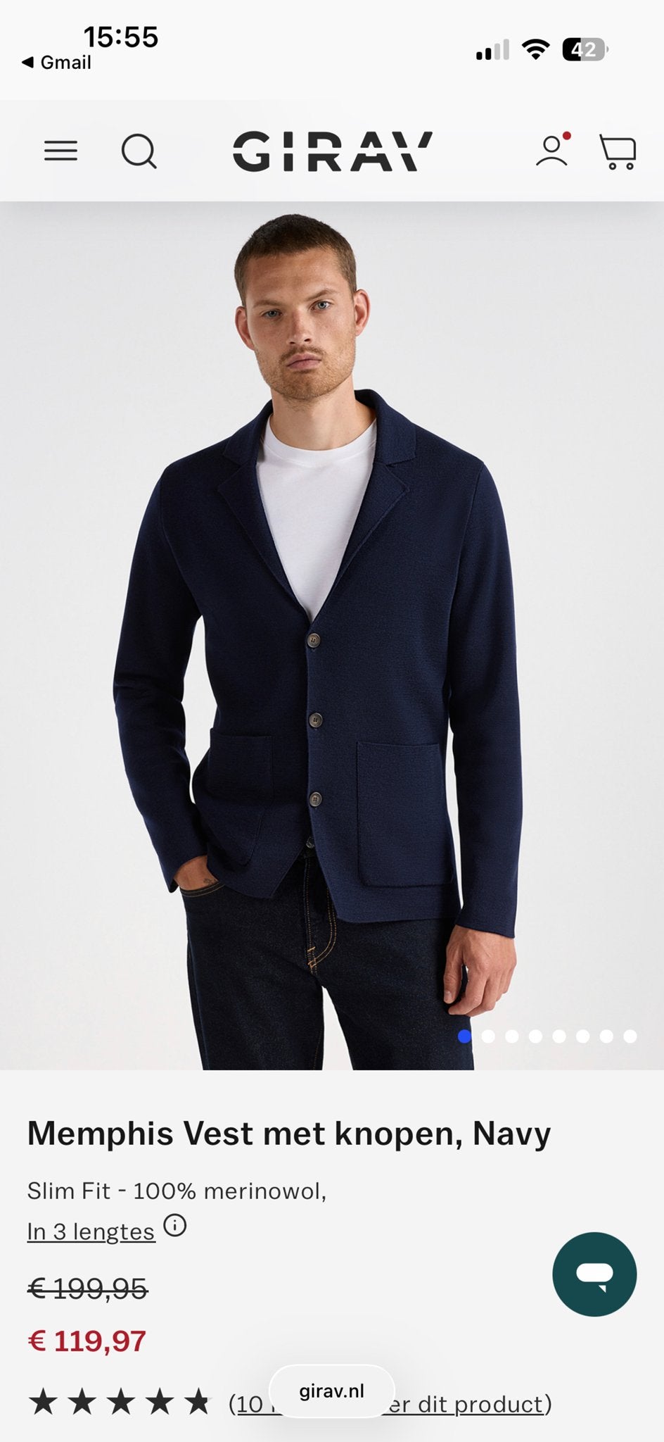 Girav Memphis Vest met knopen, Navy - 100% merinowol, Ophalen of Verzenden, Zo goed als nieuw, Maat 48/50 (M), Blauw