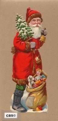 Kerstman met zak cadeautjes & kerstbel antiek poezieplaatje, Ophalen of Verzenden