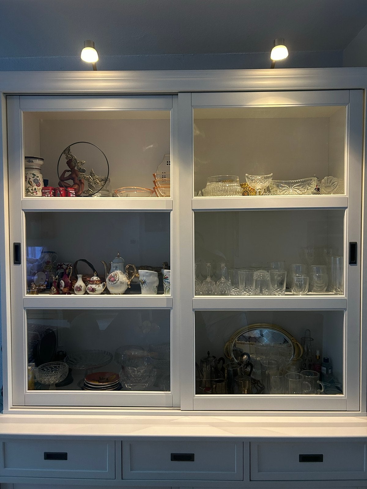 Tweedelige Witte Vitrinekast, Ophalen, Gebruikt, 200 cm of meer, Glas