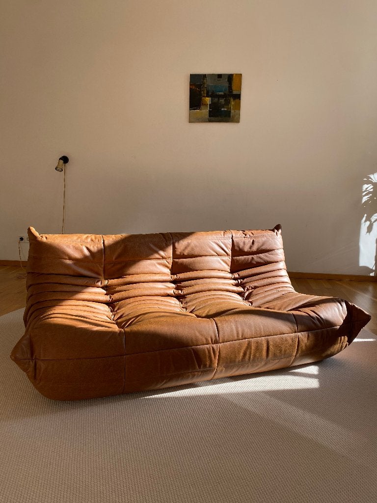Ligne Roset Togo 3-zitter Bank - Bruin Leer Gratis Levering, Vintage knoll vitra artifort de sede cassina mid century retro, 150 tot 200 cm