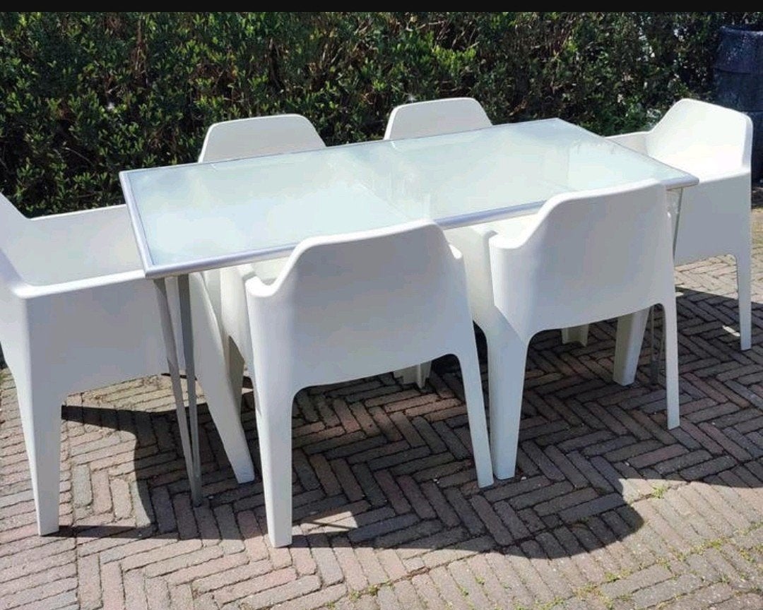 Weerbestendig tuinset: glazen tafel 155 x 80 cm + 6 stoelen, Ophalen, Gebruikt, Aluminium