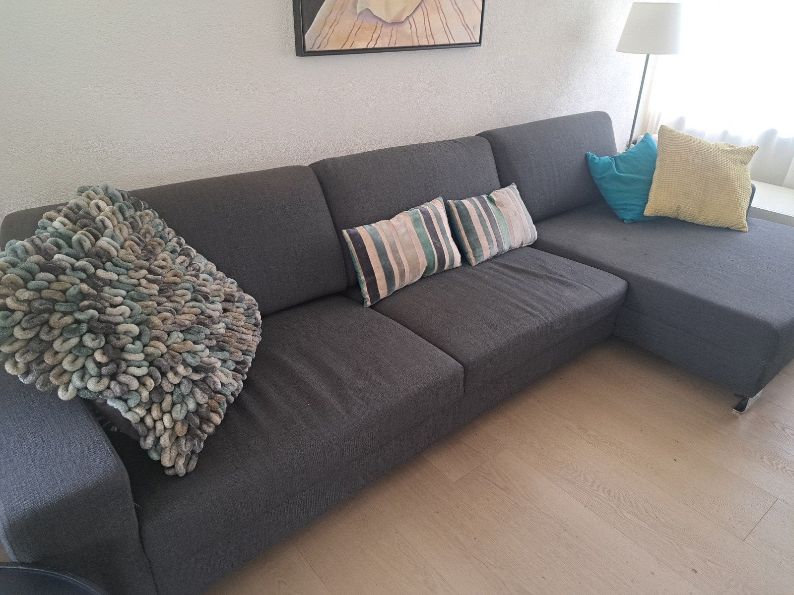 Grijze hoekbank met chaise longue, Ophalen, Gebruikt, 125 tot 150 cm, Hoekbank