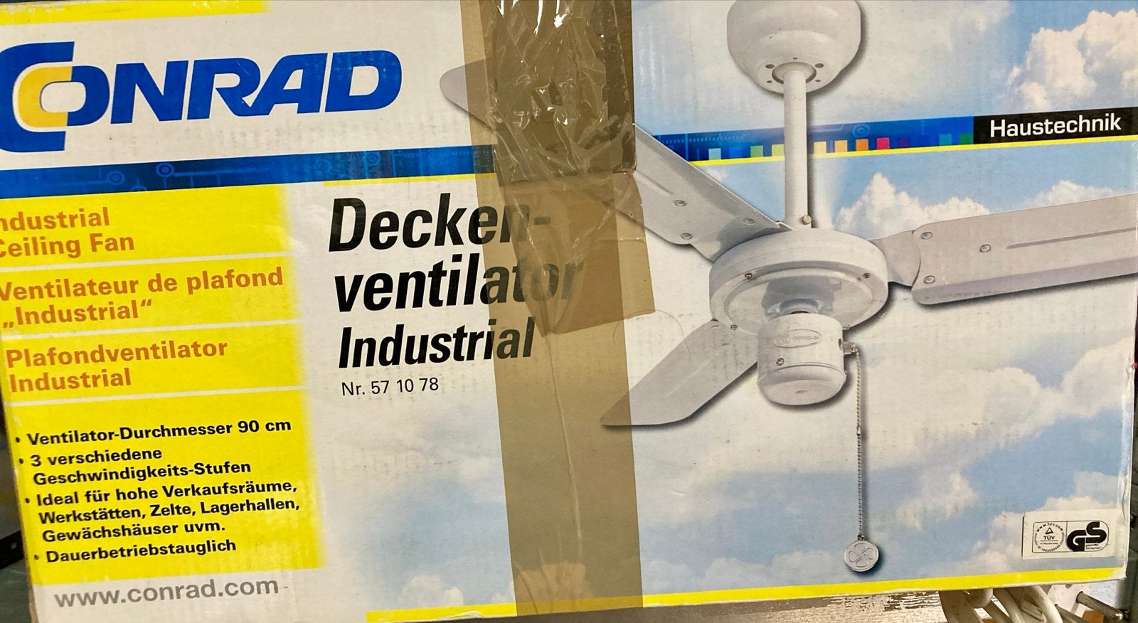 Conrad Plafondventilator Industrial 90cm - Nieuw in doos, Ophalen, Nieuw, Plafondventilator