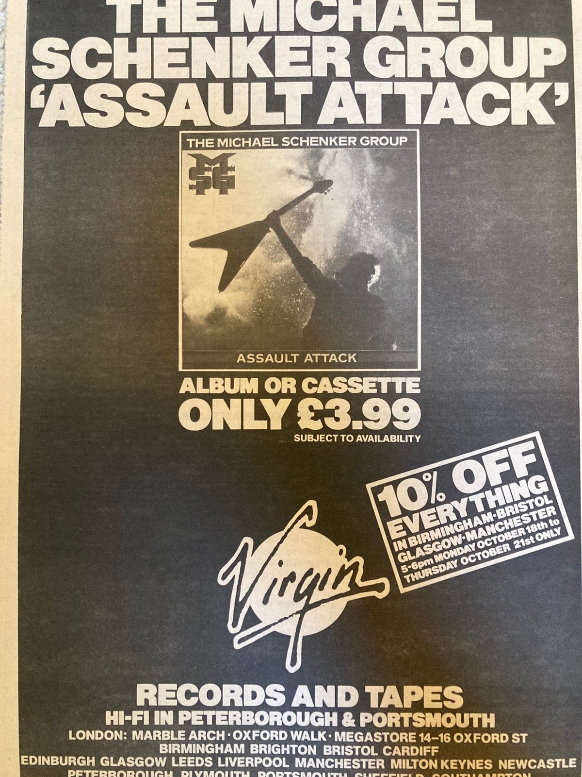 MICHAEL SCHENKER GROUP MSG Assault Attack A3 advertentie, Ophalen of Verzenden, Zo goed als nieuw
