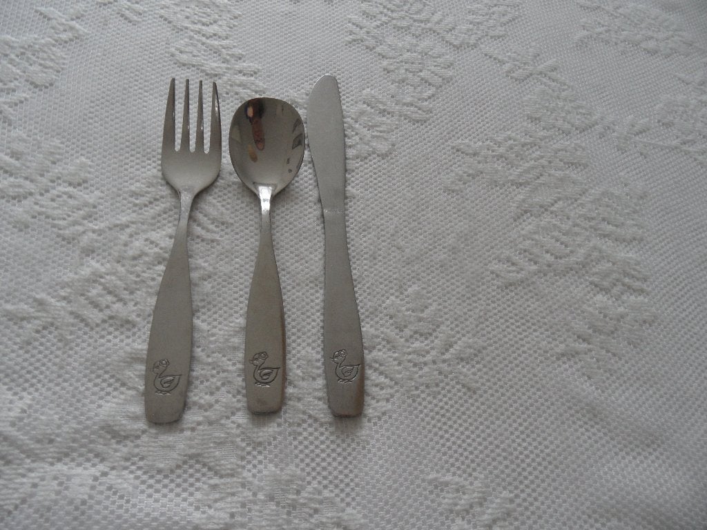 kinderbesteksetje met eend, Ophalen of Verzenden, Gebruikt, Rvs of Chroom