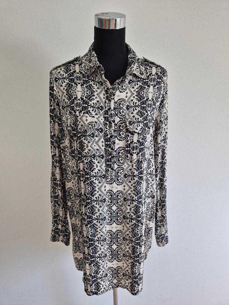 Top97 - Zwart-cremekleurige Tessa Koops blouse mt L (1), Kleding | Dames, Ophalen of Verzenden, Zo goed als nieuw, Zwart