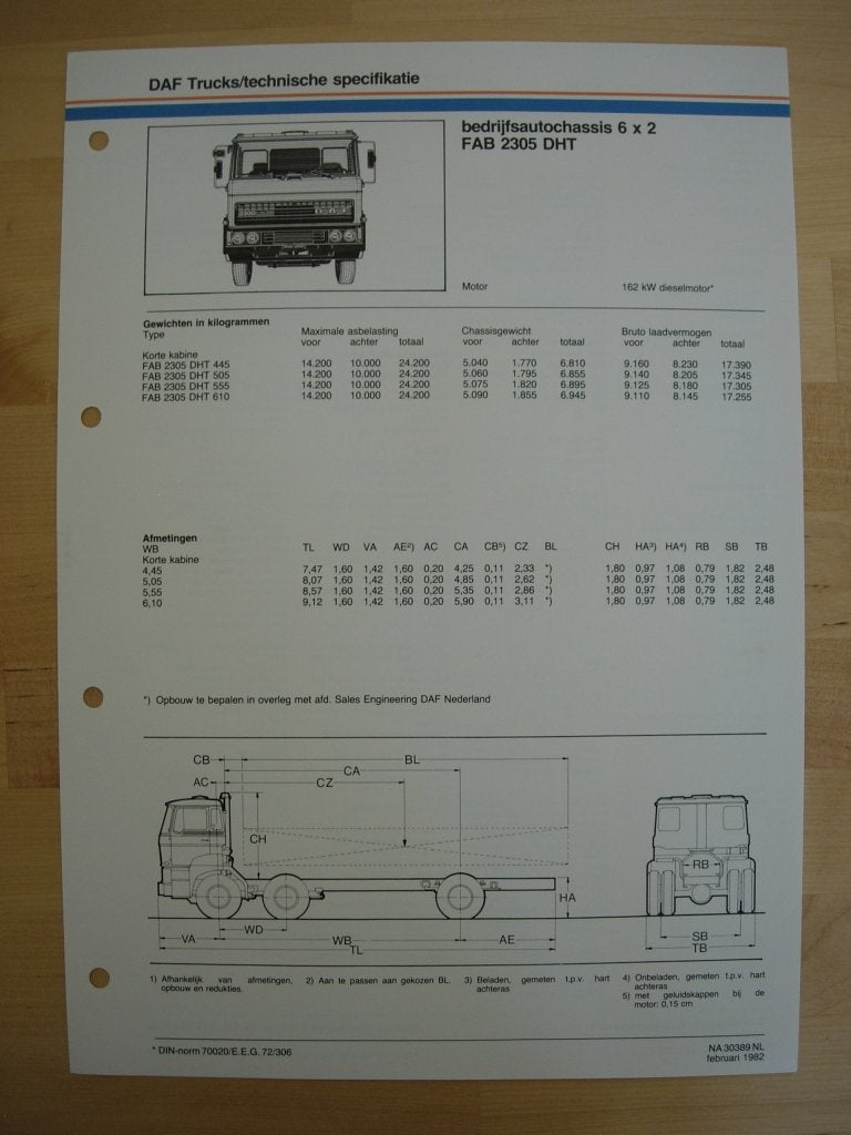 DAF FAB 2300 DHT Technische Specificatie Folder 1982 – 6x2, Ophalen of Verzenden, Zo goed als nieuw, Overige merken, DAF