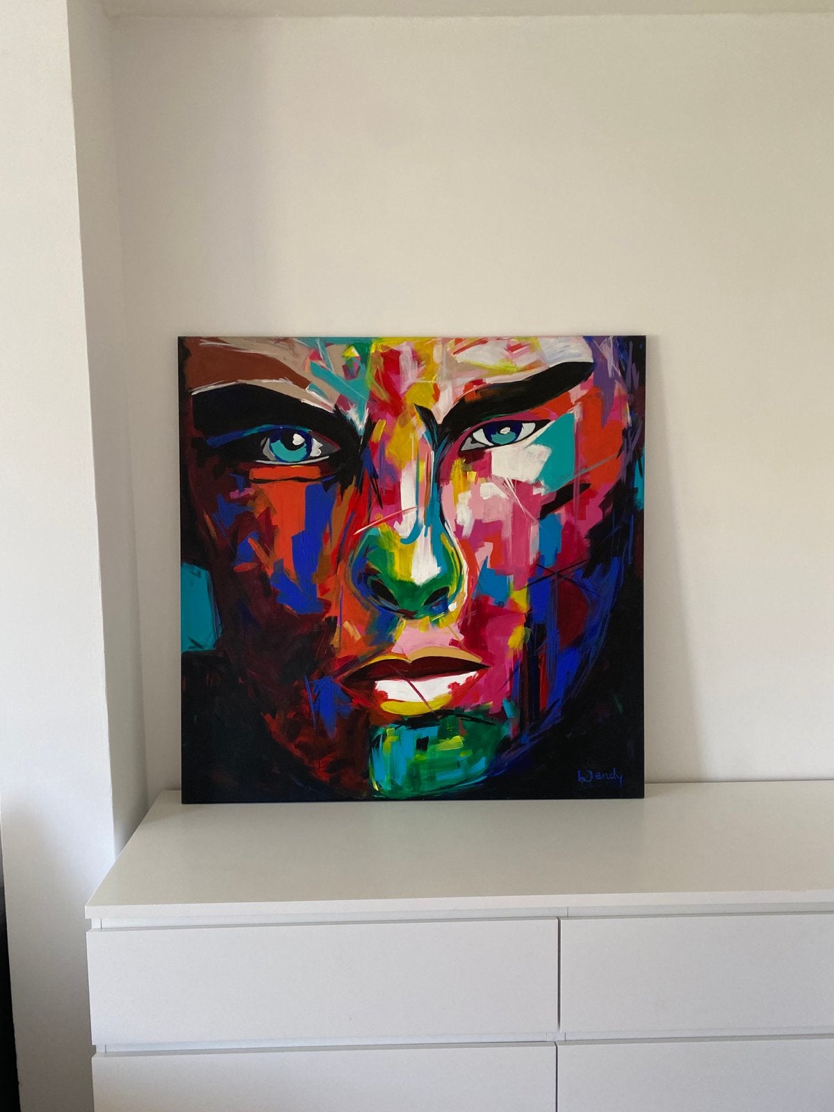 Modern kleurrijk portret schilderij, Ophalen, Acrylverf, Gesigneerd, Portret