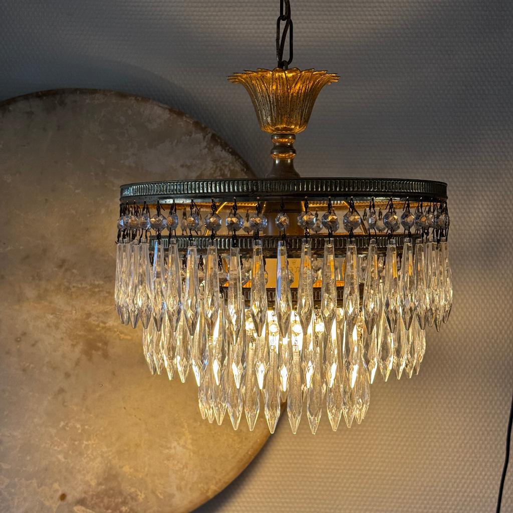 Vintage Klassiek Kroonluchter Hanglamp, Kristallen Pegels, Ophalen of Verzenden, Glas, Minder dan 50 cm