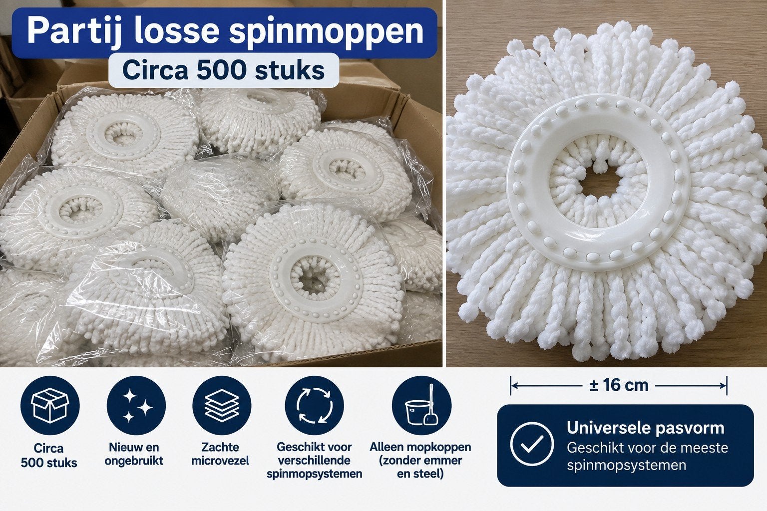 PARTIJ 500 SPINMOPPEN / VERVANGINGSMOPPEN – HANDEL, Huis en Inrichting, Ophalen, Nieuw, Kunststof