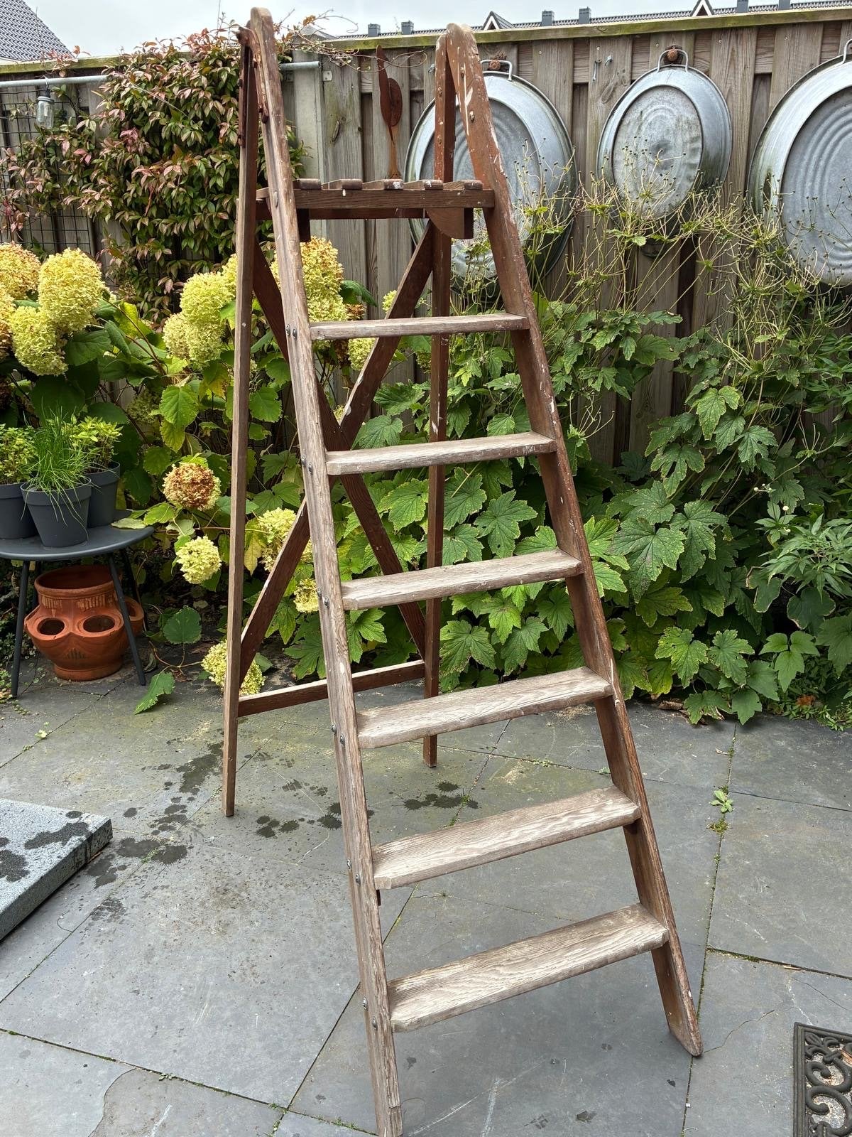 Oude houten schilderstrap met zes treden, Ophalen