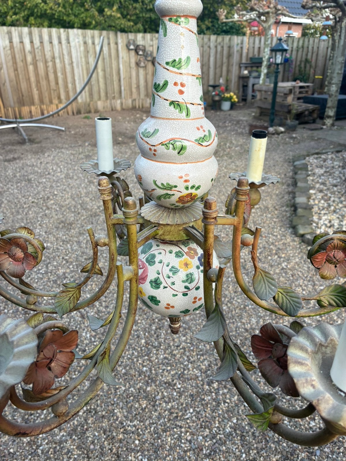 Vintage Italiaanse Toleware Kroonluchter - Jaren 60, Huis en Inrichting, Ophalen, Gebruikt, Metaal, E14 (klein)