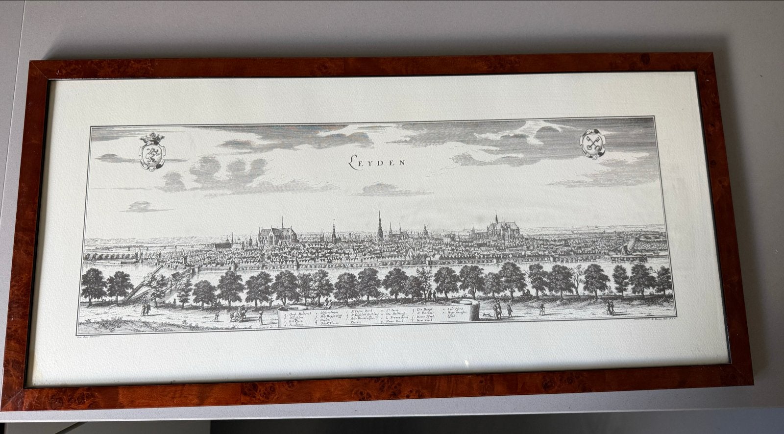 Antieke Gravure 'Leyden' - Stadsgezicht Leiden (67x32 cm), Antiek en Kunst, Ophalen, Met tekst, Stadsgezicht, Gravure