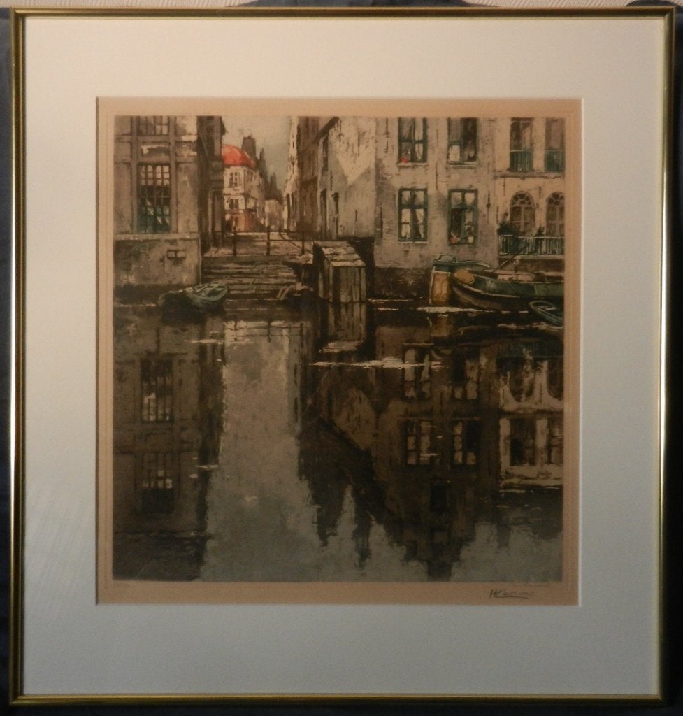 Ets Stadsgezicht Damrak Amsterdam Henri Cassiers 1932 39x38, Stadsgezicht, Ophalen of Verzenden, 38 cm, Met tekst