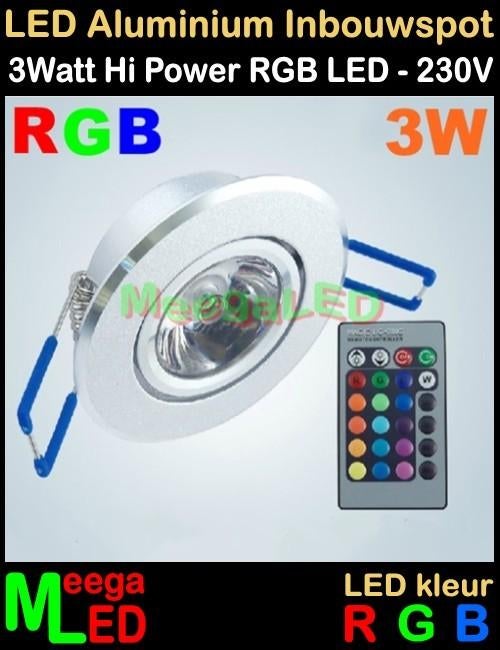 LED Aluminium Inbouwspot 3 Watt RGB + IR afstandsbediening, Led, Metaal of Aluminium, LED RGB Inbouwspot, Nieuw