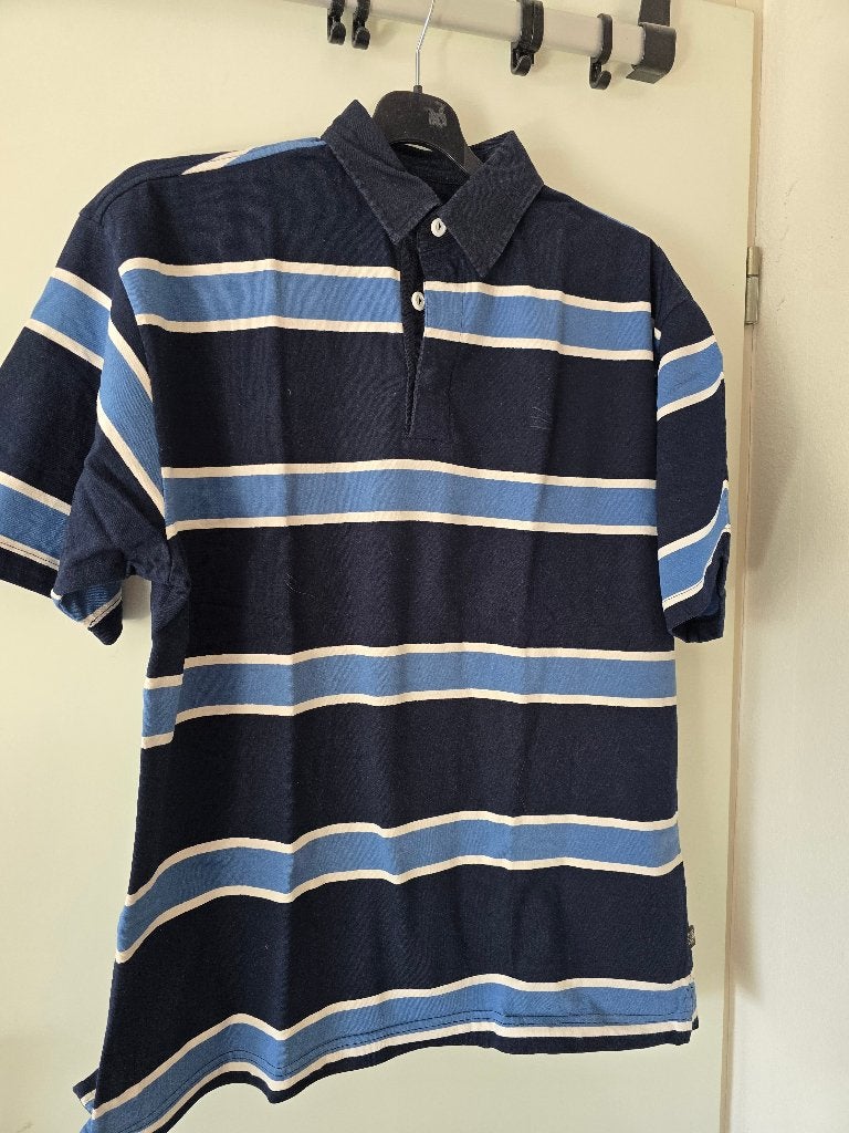 Donkerblauwe gestreepte polo, maat L, Maat 52/54 (L), Globetrotter, Blauw, Ophalen of Verzenden