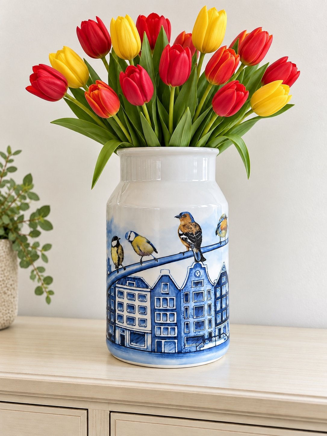 Heinen Hollandse Vaas "Melkbus" Grachtenpanden 30cm, Overige materialen, Meerkleurig, 30 cm, Nieuw