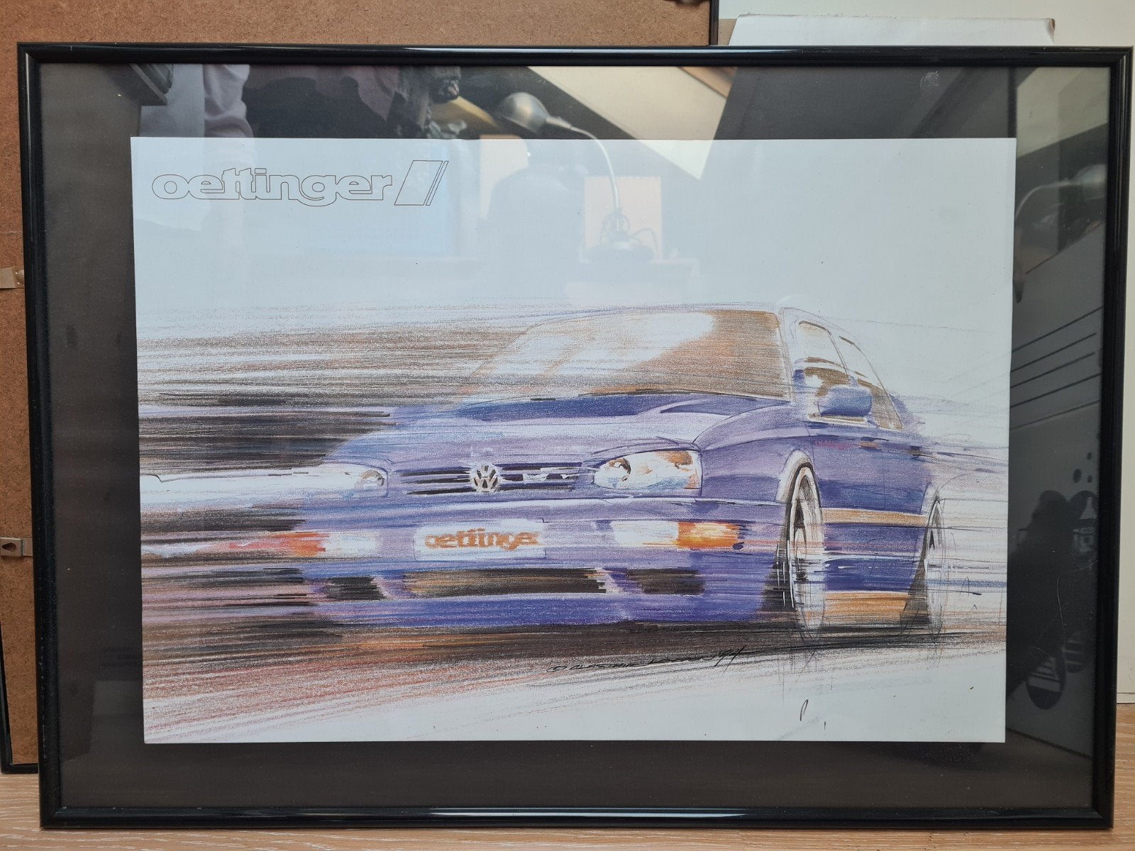 Zeldzame OETTINGER poster Golf 3 en Transporter in lijst, Ophalen, Zo goed als nieuw, Auto's