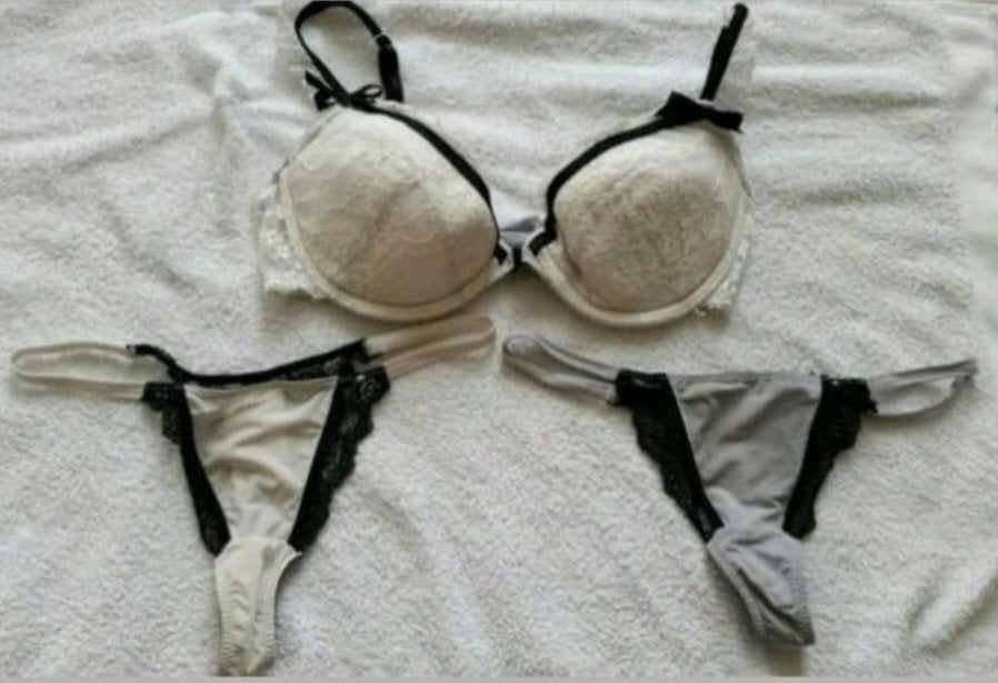 Lingerie wit creme zwart setje bh maat 75c string maat 36, H&M, Verzenden, Wit, Setje