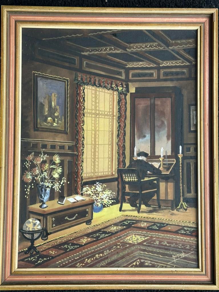Oud Aquarel schilderij Huiskamer interieur 17eeuws, Antiek en Kunst, Kunst | Schilderijen | Klassiek, Ophalen of Verzenden