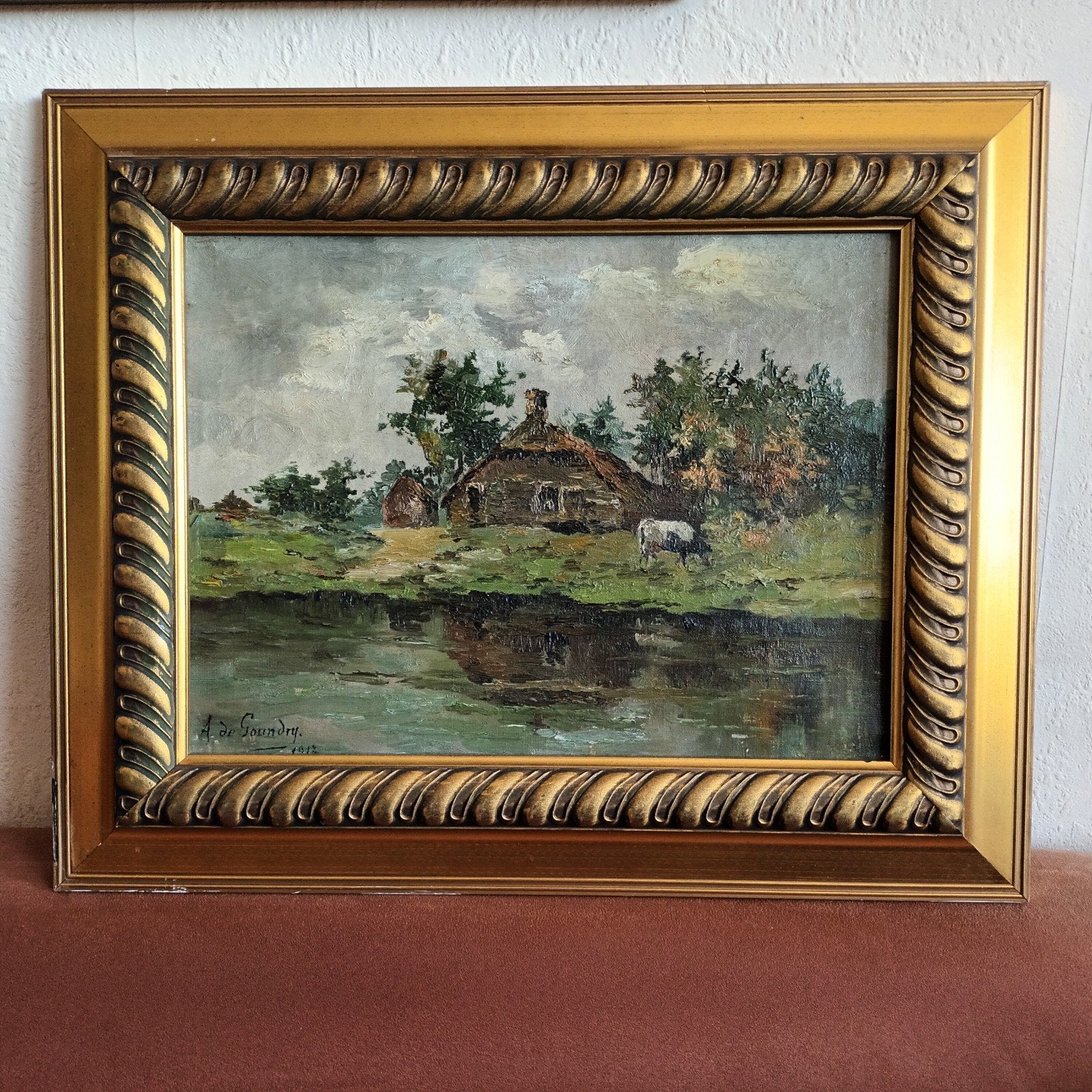 Haagse school stijl schilderij,  boerderij met koei, 1912, Ophalen of Verzenden